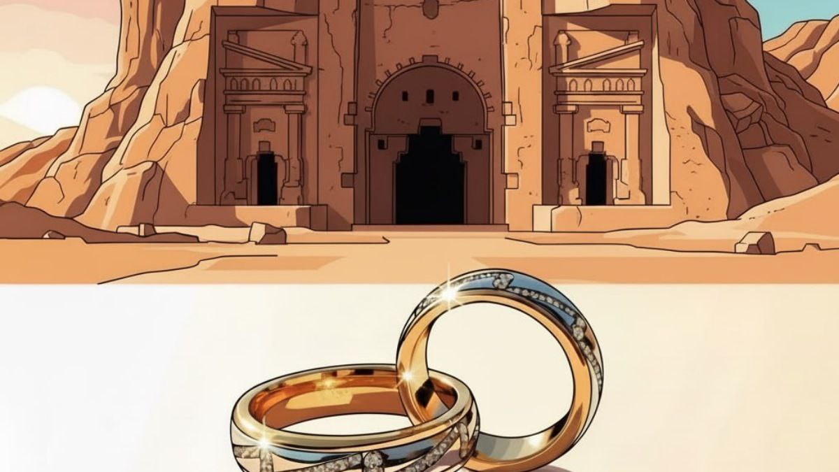 تصویرسازی از طاق بستان کرمانشاه به همراه دو حلقه ازدواج در پیشزمینه، نمادی از خدمات همسریابی و ازدواج قانونی مرکز پیوند دلها.